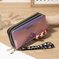 Dompet Panjang Wanita Baru dengan Resleting Ganda, Tas Ponsel Gaya Mahasiswa, Efek Laser, Kapasitas Besar, Dompet Koin Lembut, Lapisan Poliester.