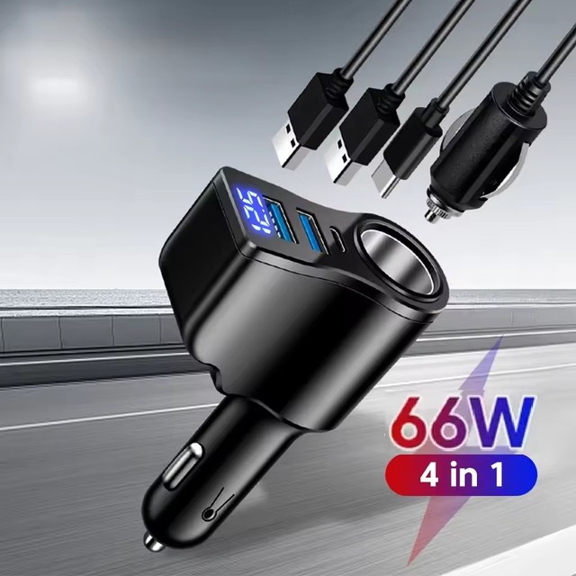 66W 4 Ports Digital Display Car Cigarette Lighter Power Adapter 3.1 a USB PD Car Phone Multifunctional Charger for iPhone Huawei