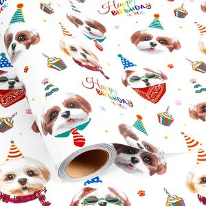 Papel de Regalo de Cumpleaños, Serie de Caras de Perros Adorables, Impresión Digital, Rollo de Papel Artístico Ecológico para Envolver Regalos - Product Image 1