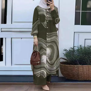 Chemise à manches bouffantes à revers pour femmes musulmanes, <span class=keywords><strong>tailleur</strong></span>-<span class=keywords><strong>pantalon</strong></span>, abaya, robe pour femmes - Product Image 3