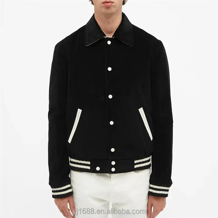OEM custom 100% cotton plain black square collar quilted lining letterman corduroy varsity jacket for men