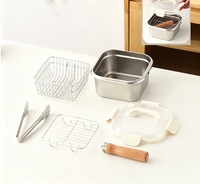 Ensemble de poêles à frire carrées à fond plat en acier inoxydable 316 avec poignée en bois amovible, idéales pour le camping, avec panier à friture et grille de cuisson vapeur
