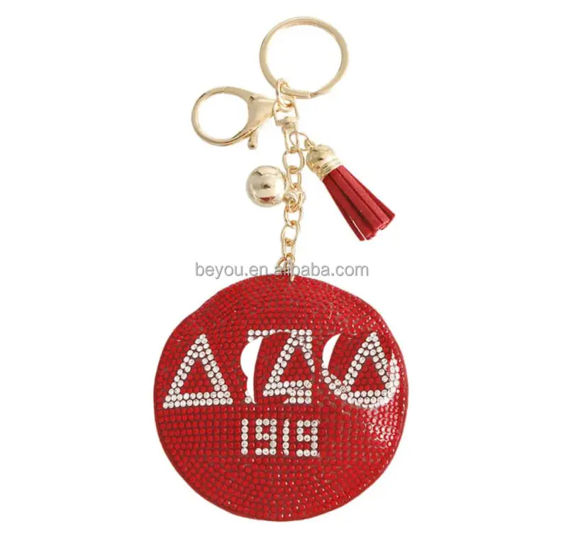 Rotes Leder gepolstert DST Sorority Plüsch Bling Weiß Strass Pailletten Schlüssel bund Delta New Round Key Chain Schmuck Geschenk