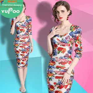 2024 new arrivals woman clothes wholesale fashion apparel elegant floral casual dresses Square neck stretch-mesh long sleeves