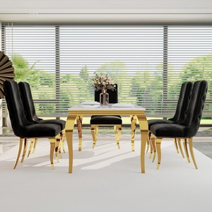 Set meja makan persegi panjang, mewah dengan 6 kursi dasar baja tahan karat dengan atasan marmer untuk furnitur ruang makan - Product Image 6