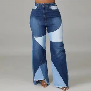 F7825A New Arrivals Moda Contraste Cor Patchwork Denim Calças Jeans Perna Larga Para As Mulheres