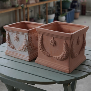 Pot en céramique gaufrée en terre cuite, style rustique, grande ouverture, finition émaillée, style romain, respirant, pour décoration de jardin, pot de fleurs avec drainage - Product Image 2