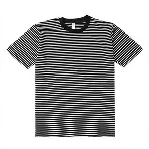High Quality Men's Casual Stripe <b>Shirt</b> 100% Cotton Knitted <b>Black</b> White Stripe Tshirt Custom Logo Puff Printing - Product Image 3