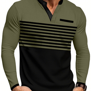 Camiseta informal de manga larga con cuello en V y bloques de color a rayas para hombre, de corte ajustado y con estampado para uso informal. - Product Image 4