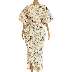 Vestidos estampados de mujer con cuello redondo, manga abullonada, cintura alta, abertura en la cadera y volantes laterales - Product Image 4