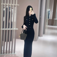 Nouvelle Robe Longue Tricotée Noire Ajustée à Manches Longues Style Français Sophistiqué pour Femme – Collection Automne 2026