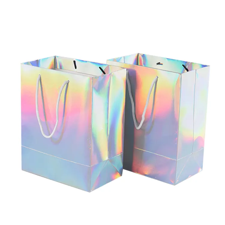 Fabricante sacos personalizados, sacos coloridos de arco-íris, capa dura, papel de presente de natal, saco holográfico a laser para jóias, embalagem de cosméticos