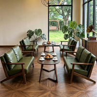 Ensemble de salon vintage en bois massif avec canapé en cuir PU, fauteuil rétro, table basse, mobilier commercial pour café, bistrot, pub