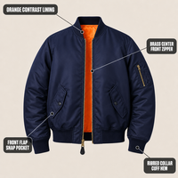 Blouson Bomber Homme Personnalisé Bleu Marine Doublure Orange Fermeture Éclair Intégrale Boutons Pression Col Côtelé Rembourré pour Streetwear Hiver