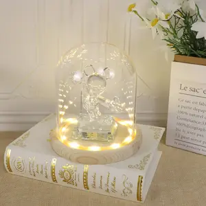 Hot Selling LED Light Glass Dome Christmas Clear Glass Cloche With Wood Base Ball Sphere Shape With Decoration Inside