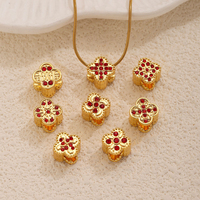 Perles intercalaires en acier inoxydable 304 plaqué or, motif fleur à quatre feuilles, incrustation de zircon rouge vintage, perles en vrac pour la fabrication de bijoux DIY, vente en gros