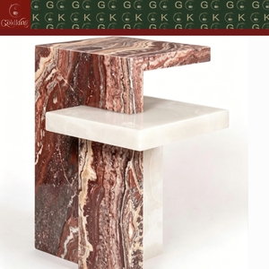 Mesa Auxiliar de Dos Niveles Asimétrica de Piedra Sólida para Sala de Estar de Lujo GOLDKING, Mármol Blanco Marrón Rojizo, Tallado Geométrico, OEM Personalizado - Product Image 5