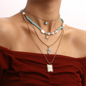 Joyería transfronteriza europea y americana, moda Bohemia, collar con colgante de Cruz de flor rosa de Ojo Azul multicapa para mujer - Product Image 3