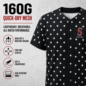 Maillot de baseball personnalisé en gros, imprimé à pois, séchage rapide, respirant, boutonné, en polyester, uniforme d'équipe par sublimation - Product Image 2