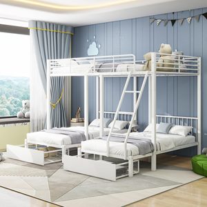<span class=keywords><strong>Lit</strong></span> <span class=keywords><strong>mezzanine</strong></span> moderne en métal pour 3 personnes, 2 tiroirs, échelle de sécurité, espace de rangement, blanc (90/140-200cm) pour garçons <span class=keywords><strong>et</strong></span> filles (sans matelas) - Product Image 5