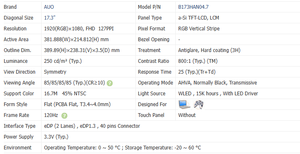 Module d'affichage LCD TFT AUO B173HAN04.7 17,3 pouces FHD 1920*1080 250cd/m 120Hz Haute fréquence de rafraîchissement Automatisation industrielle Contrôle - Product Image 4