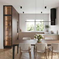 Meuble de cuisine moderne de luxe en bois sur mesure avec îlot en quartz, machine à laver intégrée, design sans poignée, accessoires à fermeture douce, en forme de L