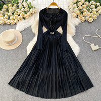 Robe élégante de luxe léger à col en V pour femme, manches longues, taille cintrée, jupe plissée trapèze, robe de bureau, vêtements pour femmes