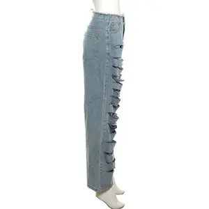 Mode Sexy Cut Open Stylish Scratch Hosen Button Straight Women Ripped Jeans Hosen