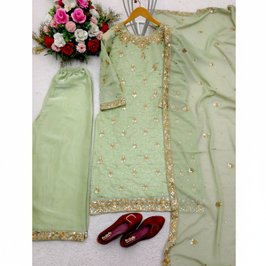 Top de fiesta para mujer de diseñador-Conjunto Plazzo y Dupatta con bordado - Product Image 1