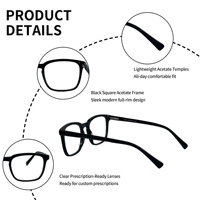 Monturas de Gafas Ópticas Unisex Vintage Cuadradas de Acetato, Lentes de PC Ligeras Personalizadas, Montura Completa para Uso Diario