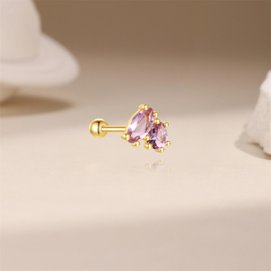 Orecchino Singolo in Argento 925 con Ametista Naturale a Occhio di Cavallo, Orecchino a Nappina con Piercing - Product Image 3