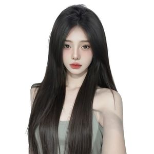 Korean Style Full <b>Head</b> Wig Long Straight Black Center Parted Natural Realistic Hand Knitted Seamless Fluffy Wig <b>Cover</b> For Women - Product Image 3