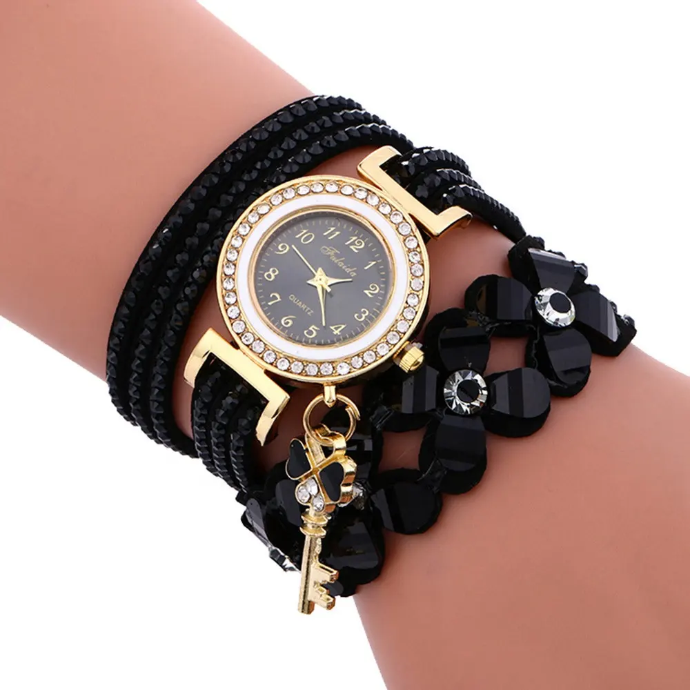 นาฬิกาข้อมือควอตซ์สำหรับผู้หญิงปี WW004,นาฬิกาข้อมือสายรัดข้อมือแฟชั่นประดับพลอยเทียมรูปดอกไม้