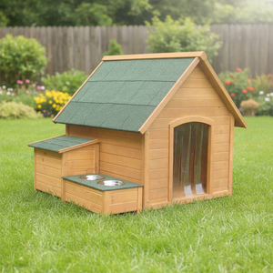SDD0405 Large Solid Wood <strong>Dog</strong> Kennel With Waterproof Asphalt Roof Print Pattern Feeder &amp; Pet Furniture For Indoor/Outdoor Use - Product Image 1