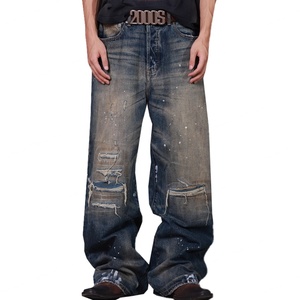 Wholesale Customized Light Blue Baggy <b>Flared</b> <b>Jeans</b> Men Spring Splash-Ink Design Distressed Denim Hip Hop Streetwear Men's <b>Jeans</b> - Product Image 1