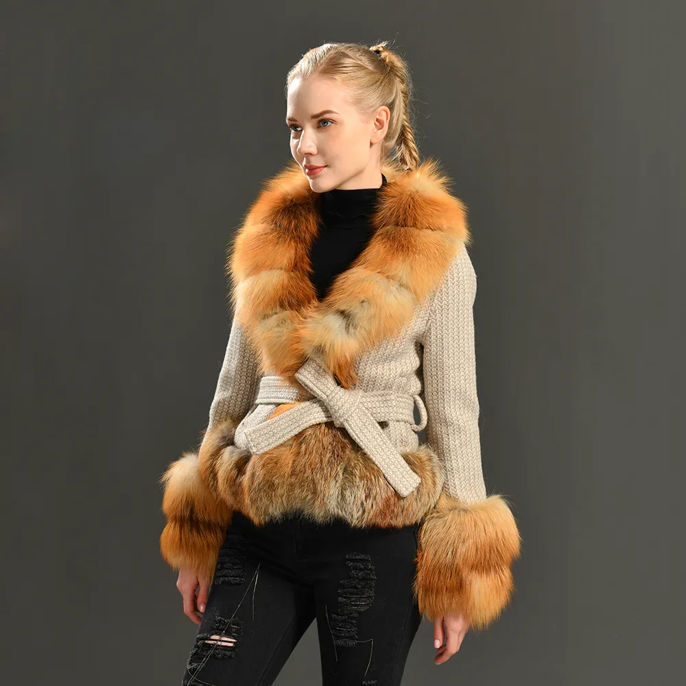 2021 New design Ladies Fashionable woolen coat with Real fox fur collar and cuff Womens wool coat