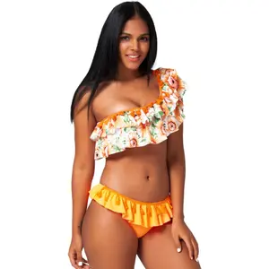 Hot Koop Fashion Jonge Meisjes Ontworpen Een Schouder Badmode Custom Ruffle Top Stroken Bottom Bikini