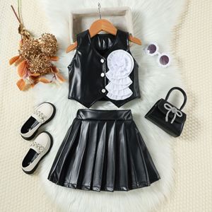 Conjunto <span class=keywords><strong>de</strong></span> Ropa <span class=keywords><strong>de</strong></span> Verano 2026 para Niña, <span class=keywords><strong>Chaleco</strong></span> <span class=keywords><strong>de</strong></span> Cuero Sintético con Flores 3D + Falda Plisada, 2 Piezas - Product Image 2