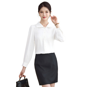 White Long Sleeve Shirt For Women Spring Autumn Work Formal Top Slim Fit Solid Color Polyester Blouse - Product Image 5