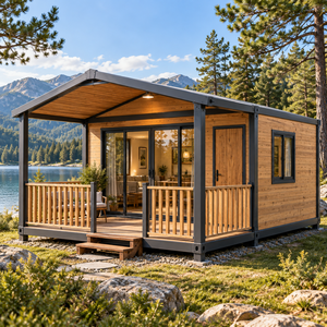 Casa Contenedor Moderna con Terraza, Exterior de Madera y Puertas Grandes de Vidrio, Forma Rectangular para Uso Residencial - Product Image 1