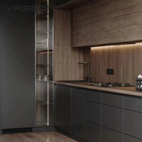 Meubles de cuisine modulaires modernes en bois massif noir brillant, étanches, avec tiroirs à fermeture amortie, plan de travail en marbre et robinet