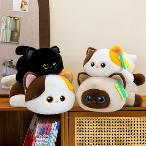 Venta al por mayor, ¡gran oferta! Adorable gato de peluche acostado, muñeco de animal de peluche, regalo de cumpleaños, almohada de compañía, gato calicó negro. - Product Image 1
