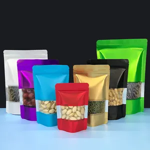 Bolsas de pie con cierre de cremallera para embalaje personalizado de lámina metalizada multicolor, bolsas de plástico Doypack, bolsas de mylar con ventana transparente