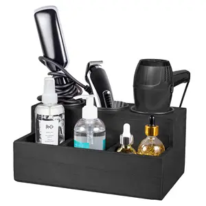 Wood Hair Dryer Holder and Hair Styling Tool Organizer with 3 Piece Vanity Storage Box Bathroom Countertop Organizer