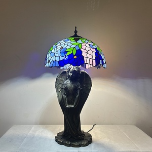 LongHuiJing European <b>Simple</b> for Lamp Stained Glass Bedside Table Lamp Wisteria Blue Style Reading <b>Desk</b> Light With Angel Base LED - Product Image 1