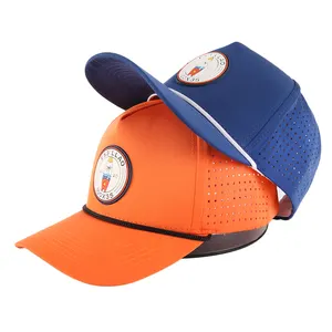 Topi bisbol kustom 5 Panel karet Patch Logo berlubang Laser pemotong lubang bor topi olahraga tahan air topi trucker
