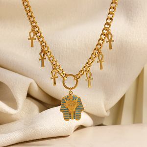 Collar chapado en oro de doble capa con busto de faraón y colgante Ankh, joyería de moda para viaje - Product Image 4