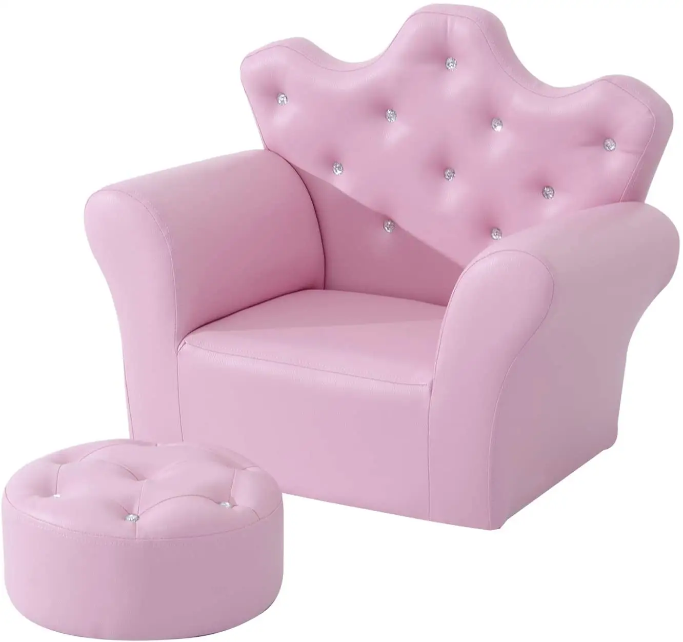 Set Sofa Kulit PU Merah Muda Putri dan Berlian Anak-anak Kursi Berlengan Kursi dengan Bangku Kaki Gratis