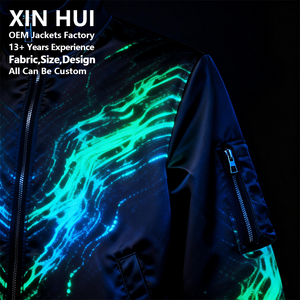 Custom <b>Reflective</b> Techwear Bomber <b>Jacket</b> Glow in Dark Print <b>Men</b> Windbreaker OEM Streetwear Full Zip Varsity <b>Jacket</b> - Product Image 3