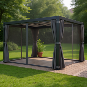 Pérgola retráctil moderna para exteriores de 10 x 13 pies con estructura de aluminio gris oscuro, techo de lamas con protección solar y cortinas de toldo. - Product Image 2